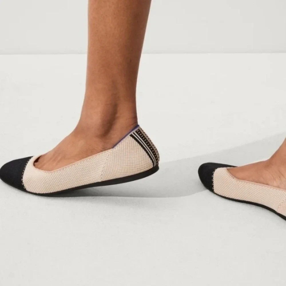 Rothy's Size 10 Tuxedo Captoe Square Toe Shoes Beige Black Washable Ballet Flat